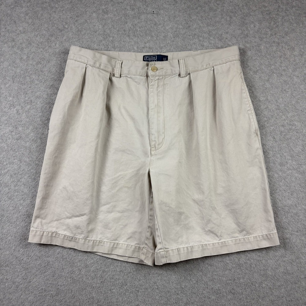 Polo Ralph Lauren Tyler Shorts Mens 36 (Fits 34) Beige Pleated Cotton Chino 90s